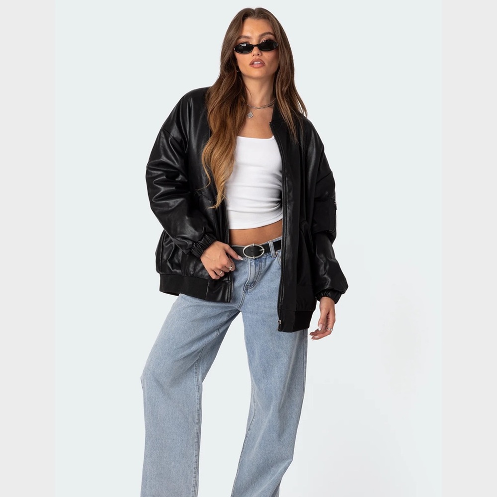 Edikted Faux Leather Oversized Bomber Jacket